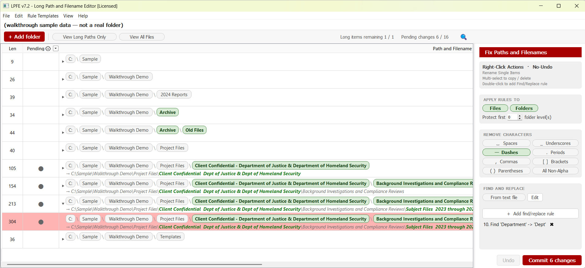 LPFE v7.3 — Long Path and Filename Editor showing a folder scan with rename rules and a flagged 304-character path